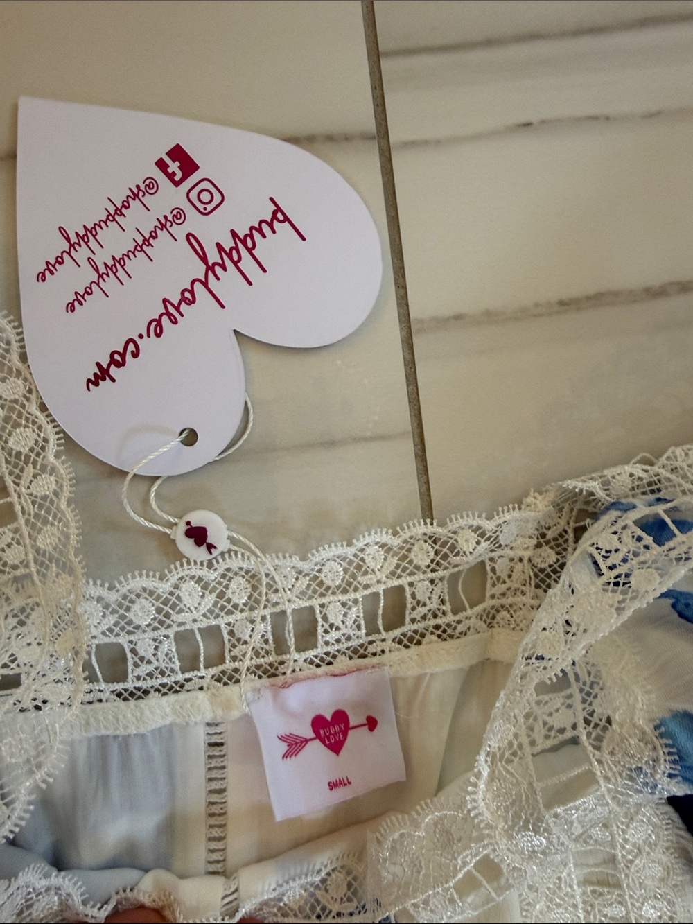 Buddy Love White Dress with Blue Floral Print and Lace Trim - Picture 3 of 4